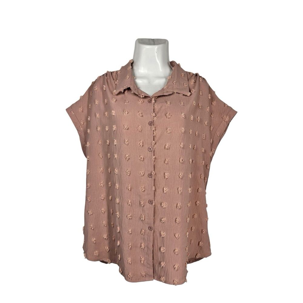 Bothenial Women Shirt XL Short Sleeve Pink Swiss Dot Button Up Blouse Casual Top